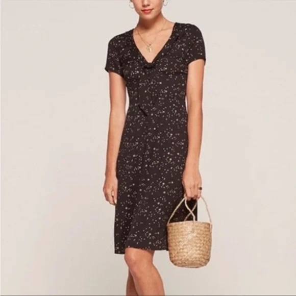 Reformation Este Tie Neck Dress A Line Stars Black Gold Mini Size 10 EUC - Picture 2 of 9